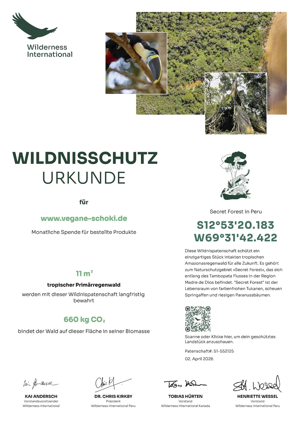 Wilderness International Urkunde vom März 2026 Spende vom März 2026