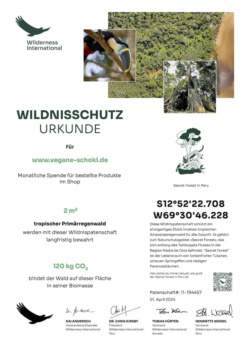 Wilderness International Urkunde vom März 2024 Spende vom März 2024