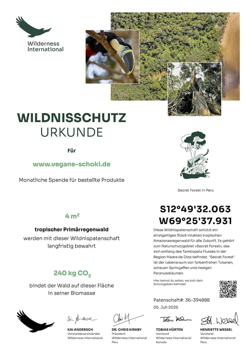 Wilderness International Urkunde vom Juni 2024 Spende vom Juni 2025