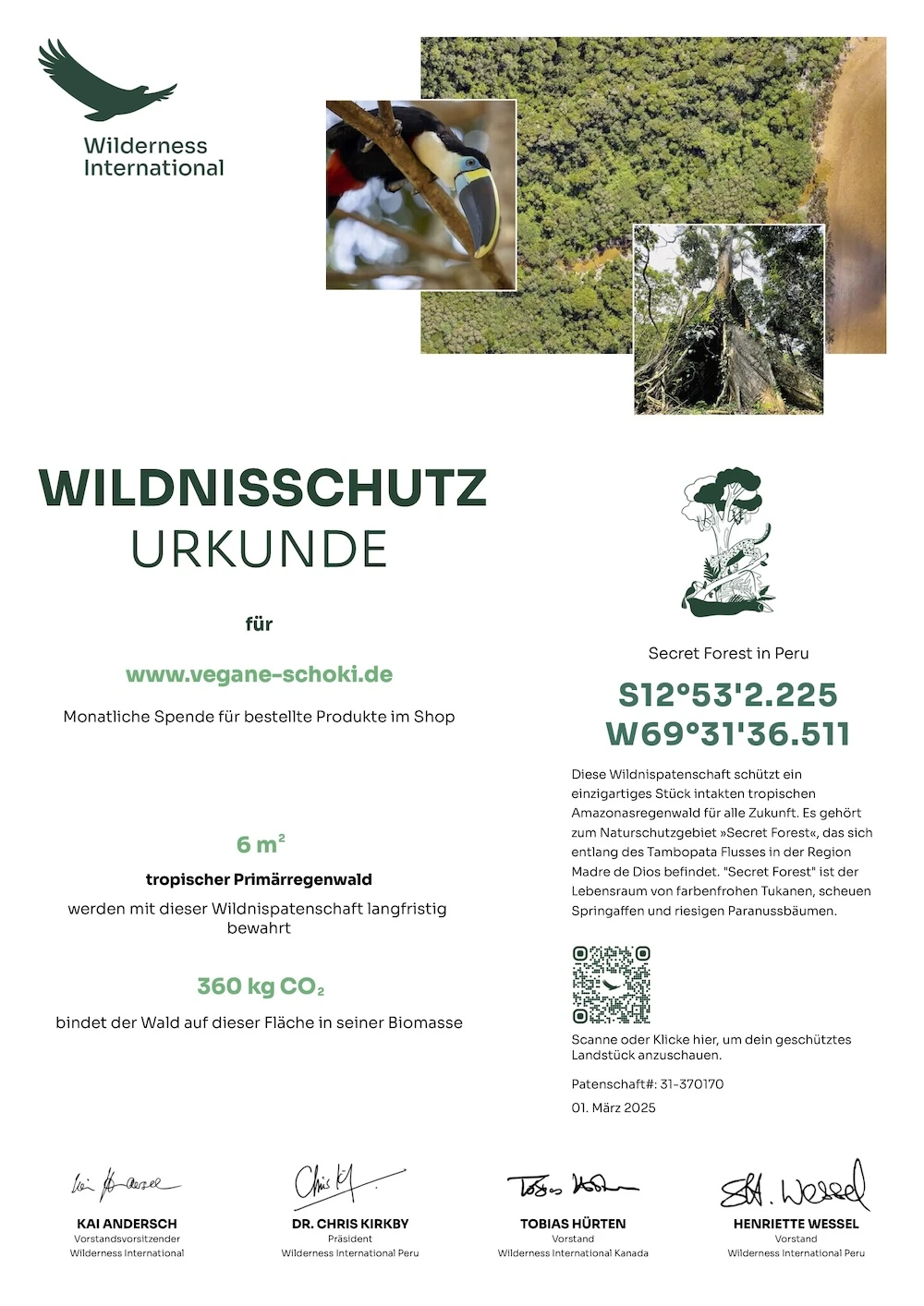 Wilderness International Urkunde vom Februar 2025 Spende vom Februar 2025