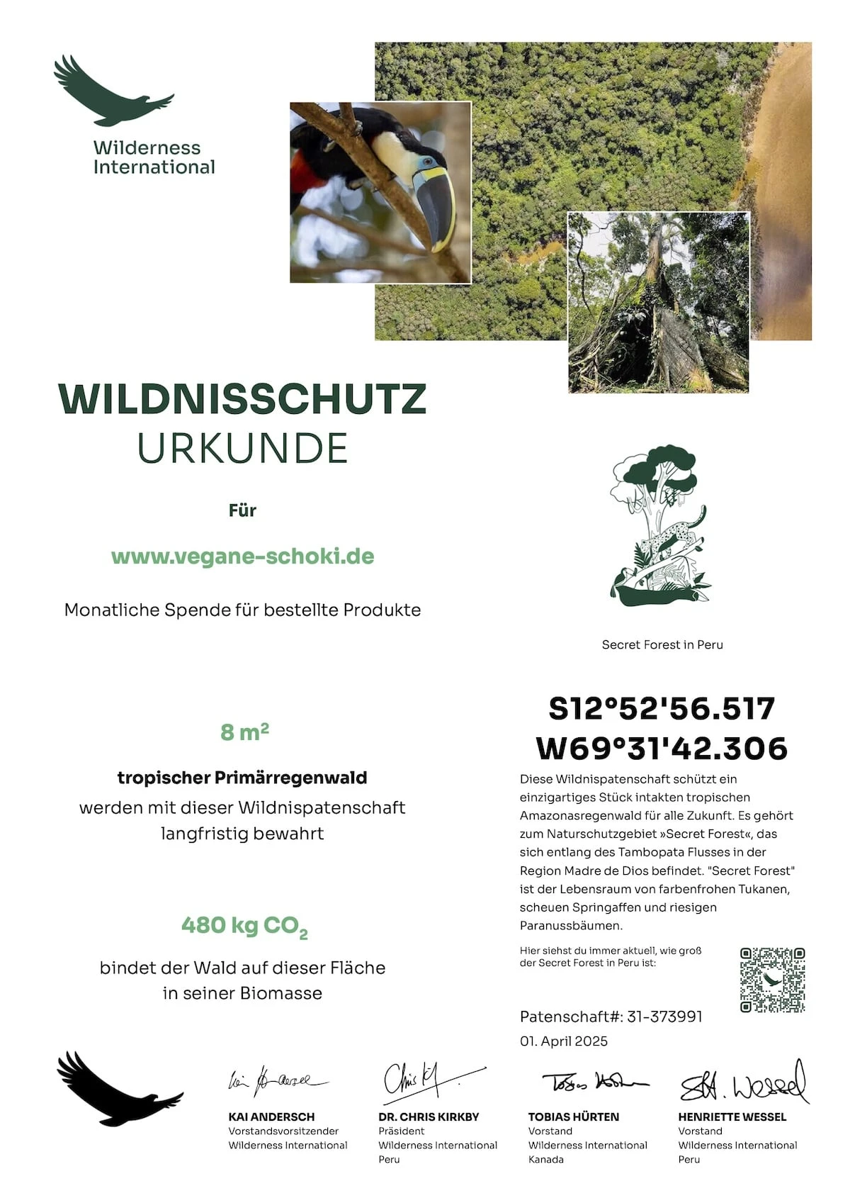 Wilderness International Urkunde vom März 2025 Spende vom März 2025