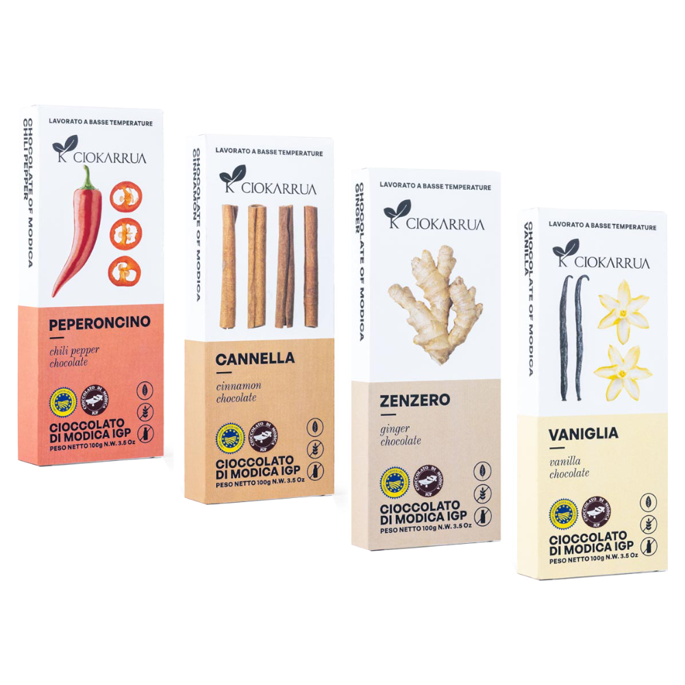 Modica IGP Schokolade mit Gewürzen Set 4x100g