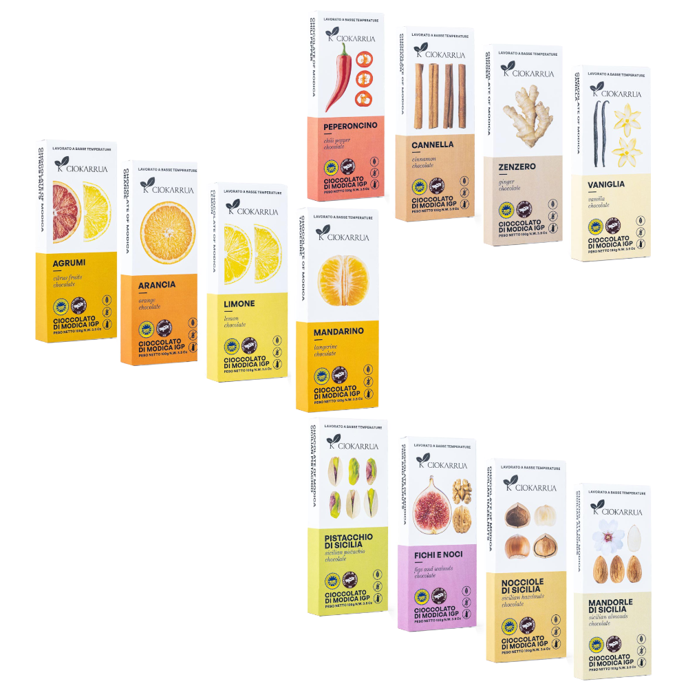 Modica IGP Schokolade Probierpaket 12 Sorten 12x100g