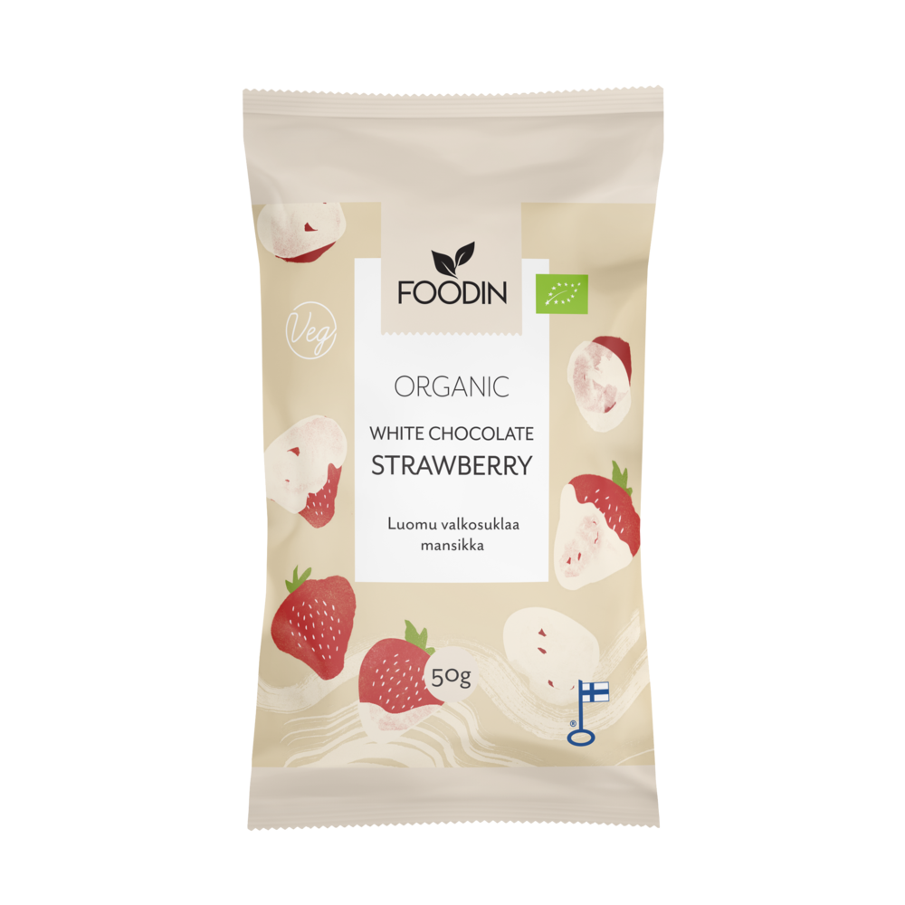 Erdbeeren in weißer Schokolade  50g - Bio