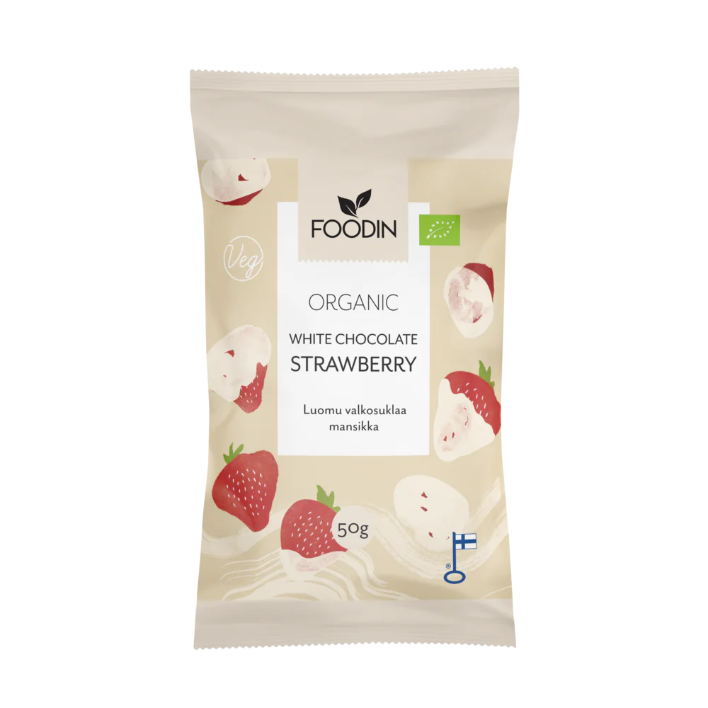 Erdbeeren in weißer Schokolade  50g - Bio